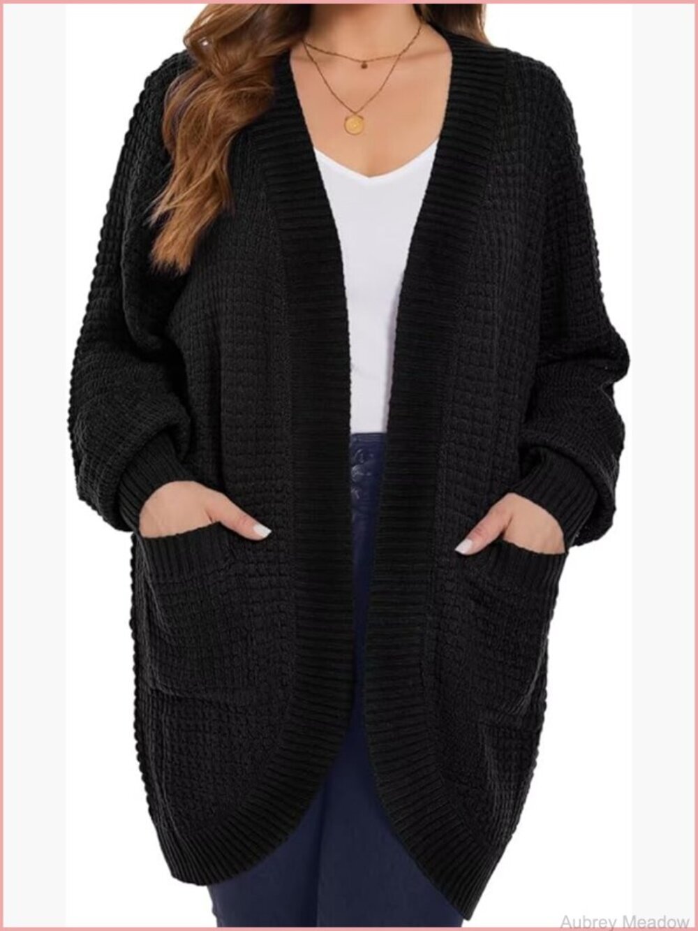 Plus Size Open Front Cardigan Waffle Knit Long Sleeve Sweater with Pockets